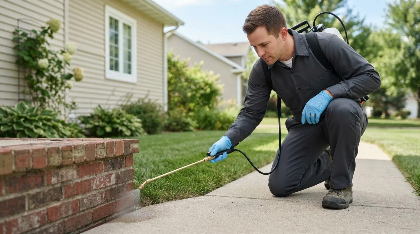Pest control technician treating a home near Manassas, VA
